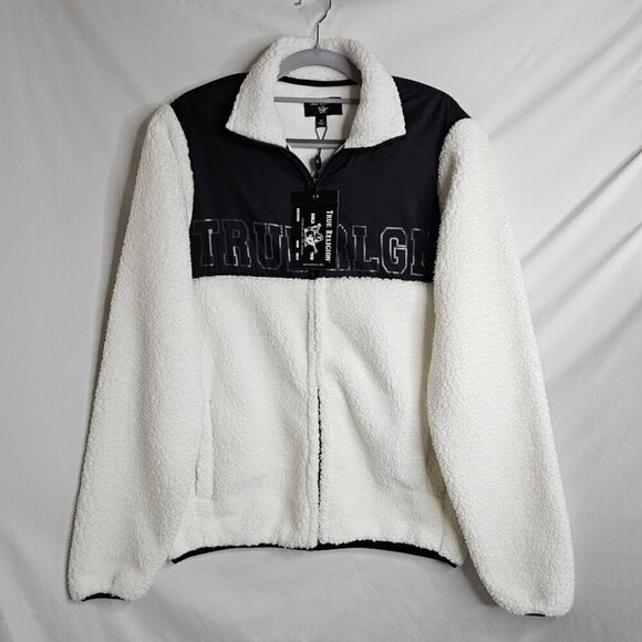 NWT TRUE RELIGION Jacket Coat Colorblock Sherpa Logo WHITE & BLACK size S Fleece - Picture 3 of 12